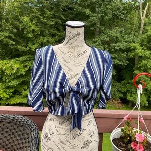 Stripped Blue & White Front Tie Crop Top